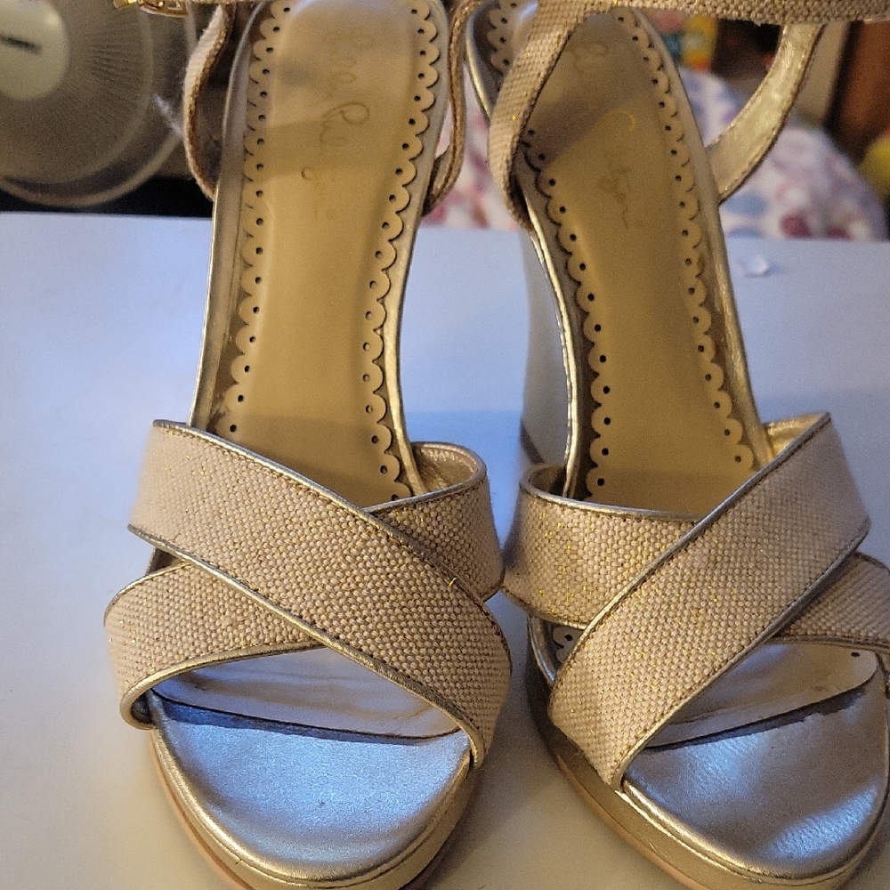 Lilly Pulitzer Sz 9 Straw And Gold Wedges